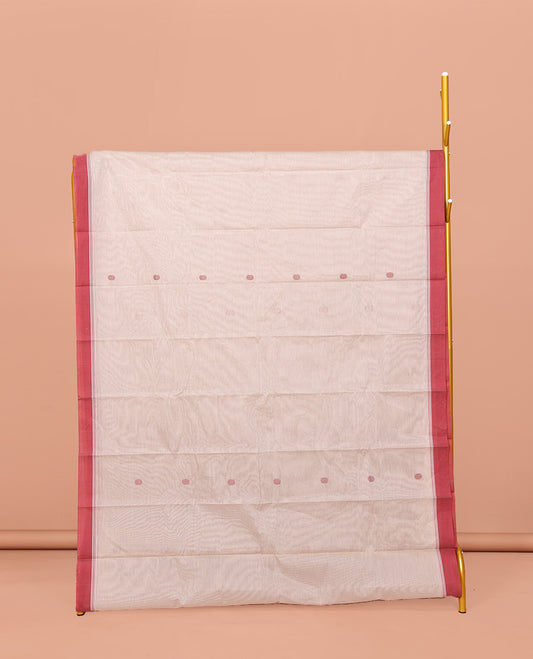 Off-White Kanchi Cotton Saree, Delicately Woven with Buttas All Over Its Body, Complemented by Contrast Border, Geometric Patterned Pallu and Paired with a Matching Blouse
