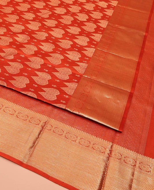 Rust Kanchipuram Wedding Silk Saree, Steeped with Zari Buttas All Over Its Body, Highlighted by Zari Border of Chakram and Vanki Designs, Grand Jaal Pallu and Paired with a Matching Blouse