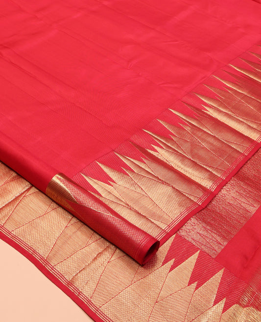 Red Plain Kanchipuram Silk Saree, Highlighted by a Zari Temple Border of Mayil Kann, and Vanki Designs, Grand Jaal Pallu, and Matching Blouse