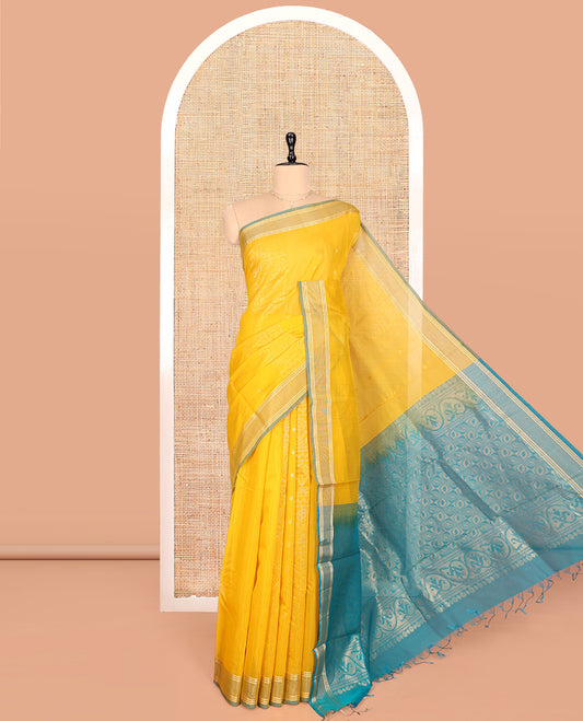 Yellow Silk Cotton Saree, Subtly Sparkled with Zari Weave, a Subtle Border, Complemented by Contrast Zari Design Pallu and a Contrast Blouse
