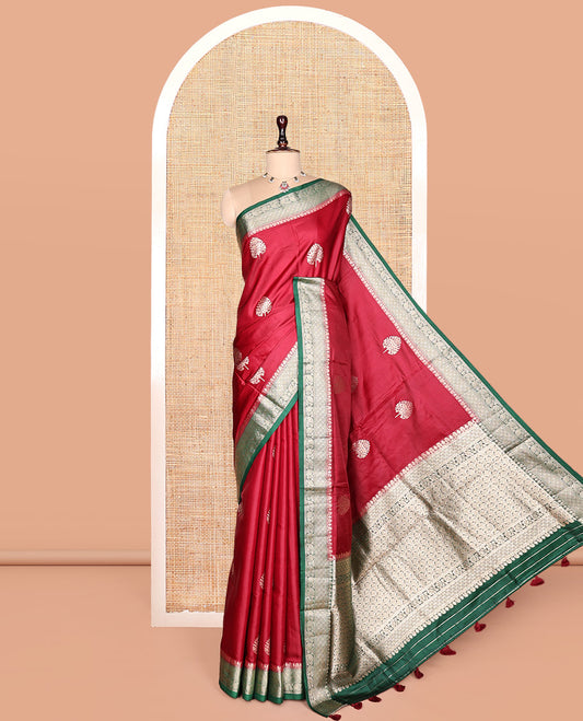 Red Satin Silk Saree, Embellished with Tree Buttas, Complemented by a Contrast Traditional Design Border,  Grand Pallu, and a Contrast Blouse