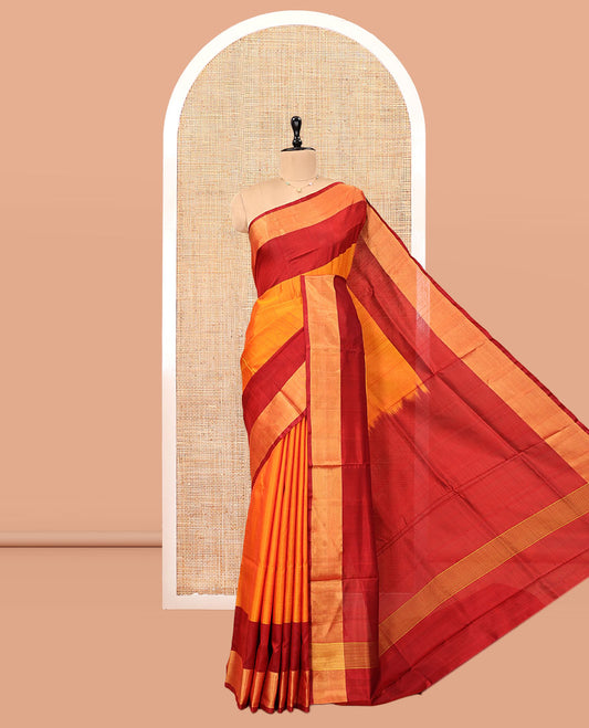 Orange Plain Uppada Silk Saree, Contrast Zari Border, Plain Pallu, and a Contrast Blouse