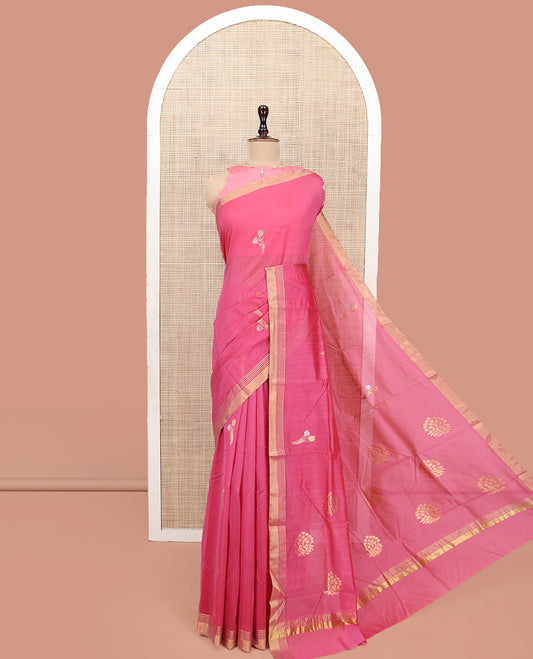 Pink Chanderi Cotton Saree, Bedecked with Zari Buttas All Over Its Body, Highlighted by a Zari Border, Pallu  of Zari Buttas, and Paired with a Matching Blouse
