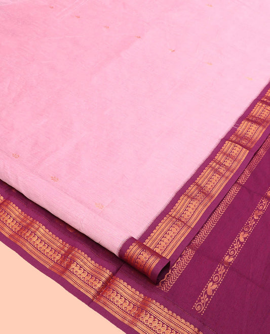 Pink Nine Yard Cotton Saree, Subtly Sparkled with Buttas All Over Its Body, Complemented by Contrast Traditional Zari Design Border, Pallu of Traditional Designs, and Comes Without a Blouse