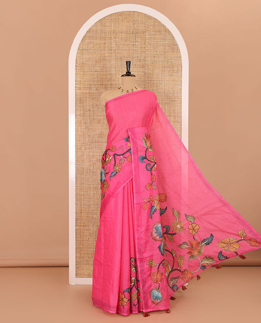 Borderless pink kalamkari floral vine printed with French knot and kanta embroidered kotta silk saree, printed and French knot embroidered matching blouse