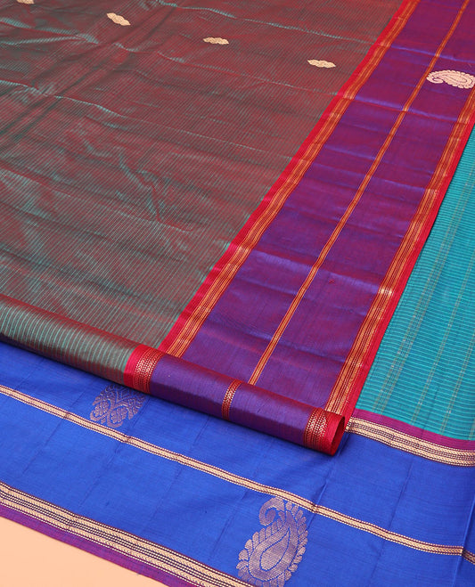 Blue Kanchipuram Silk Saree, Accentuated with Zari Buttas and Vazhaipoo Stripes on Its Body, Complemented by a Contrast Border of Muthu, Kathir, and Arumbu Manga Designs, Pallu of Zari Designs, and Paired with a Contrast Blouse