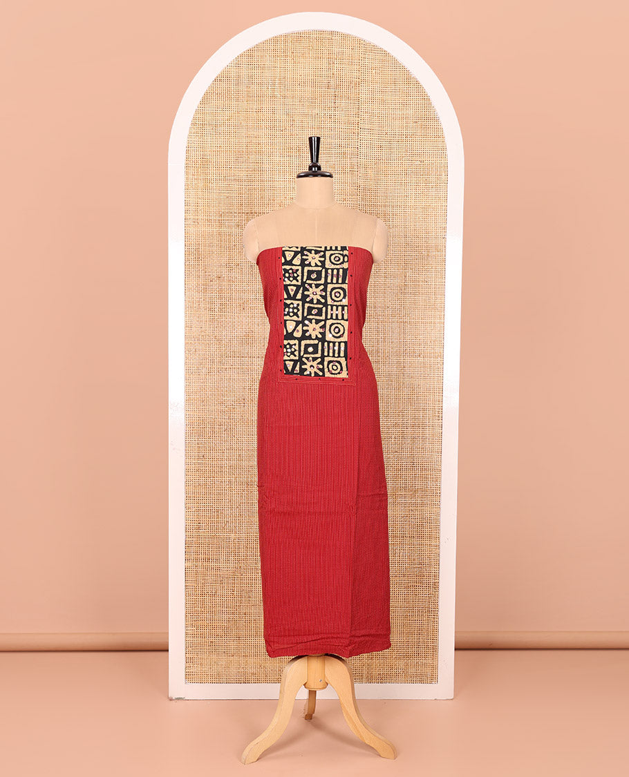 Red  Material Chudidar Set Prettified with Kantha Embroidery, Batik Print, and Mirror Work on the Cotton Top, Comes with a Batik Geometric Patterns Printed Bottom, and a Cotton Batik Geometric Printed Dupatta
