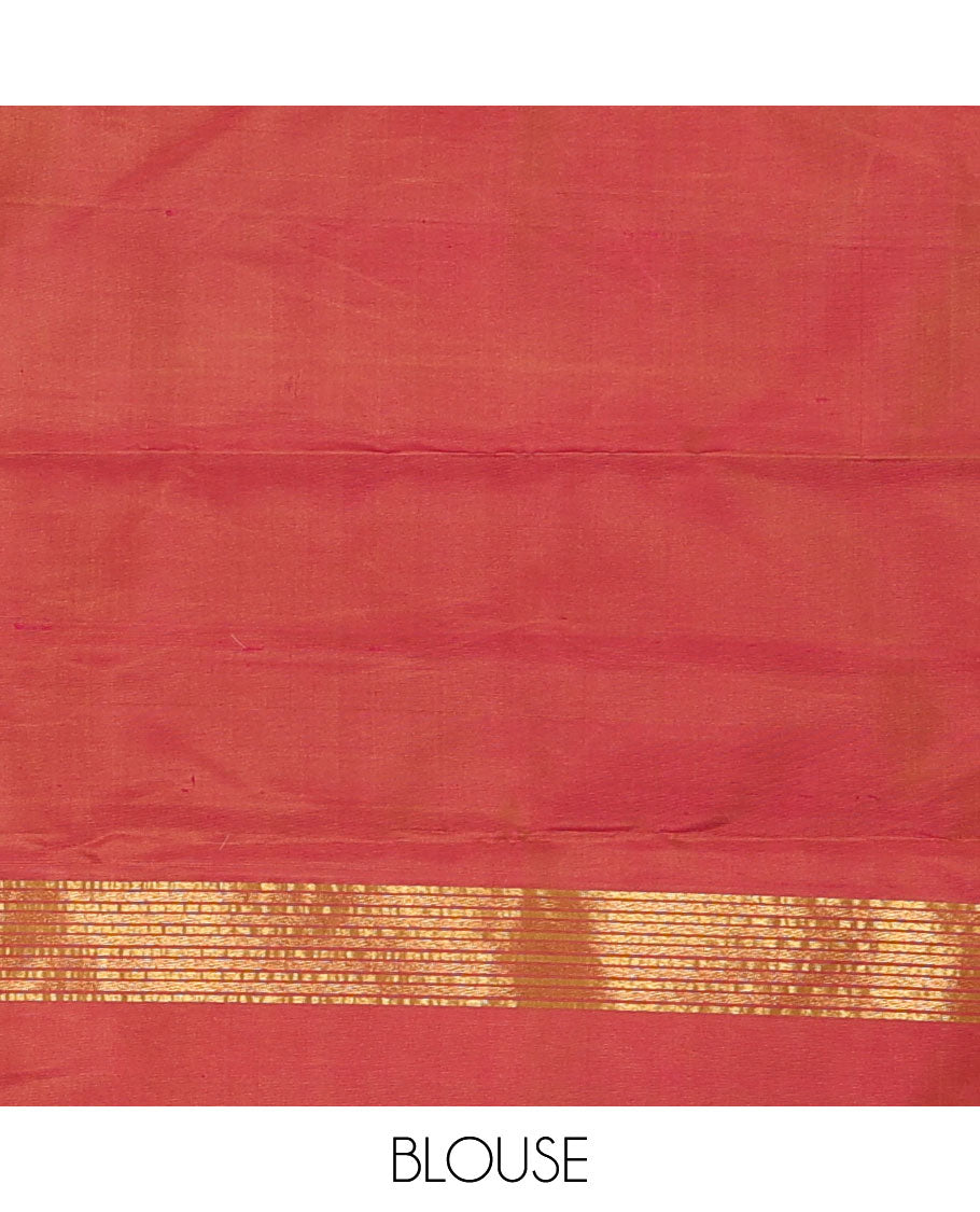 Borderless sandal-base candy colorful scallop designs Kanchipuram silk saree, contrast zari woven pallu