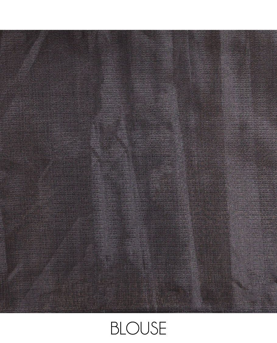 Borderless Black Khadi Cotton Saree, Adorned with Batik-Style Vines Printed on Its Body, a Subtle Self-Pallu, and Paired with a Matching Blouse