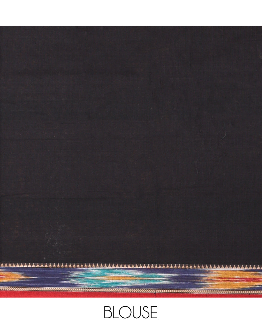 Black Plain Mercerised Cotton Saree, a Contrast Ikat Border, an Ikat Weave Pallu, and a Matching Blouse