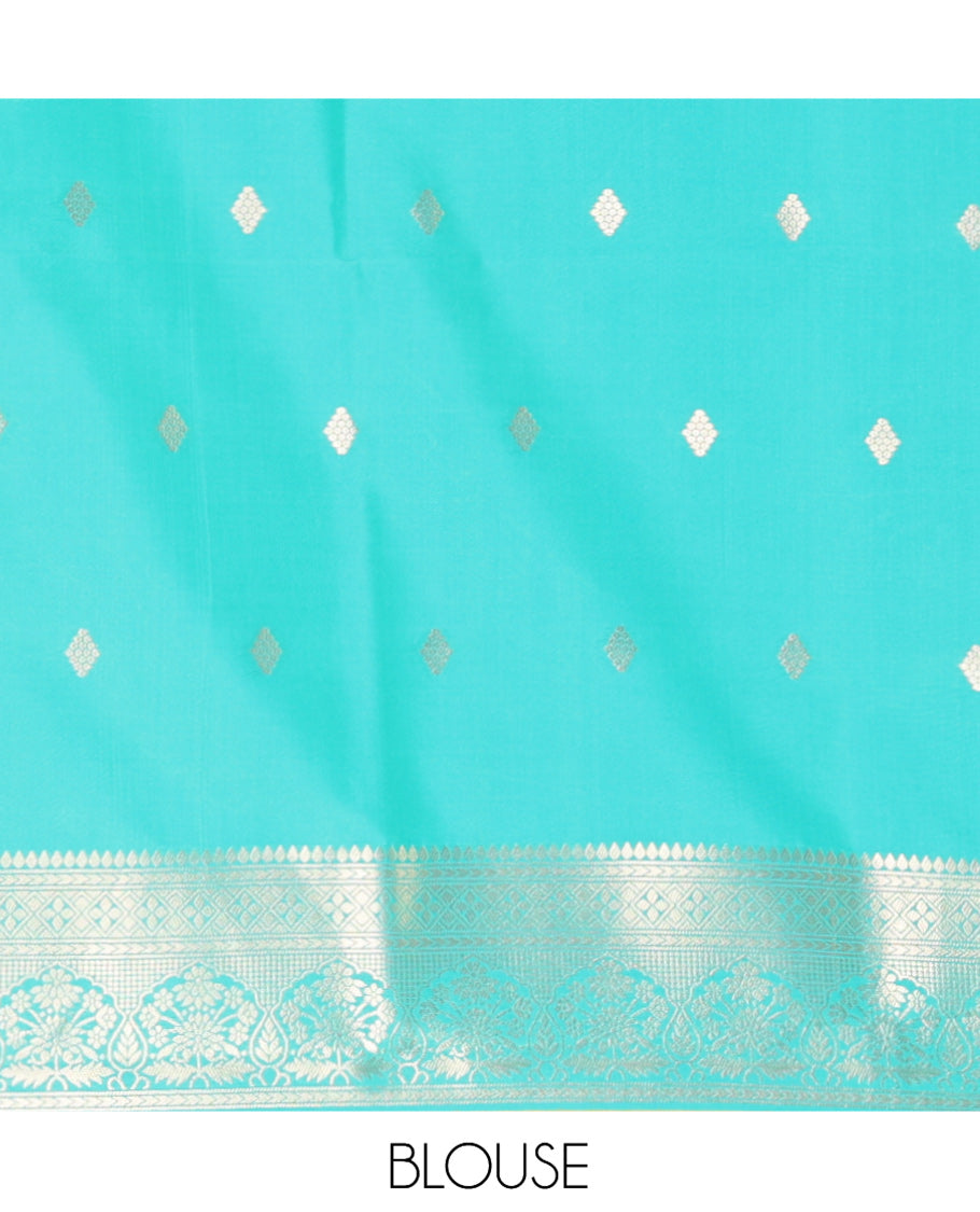 Mehenti Zari Design Elite Soft Saree, Contrast Rettai Pettu Border, Grand Pallu, and a Contrast Blouse