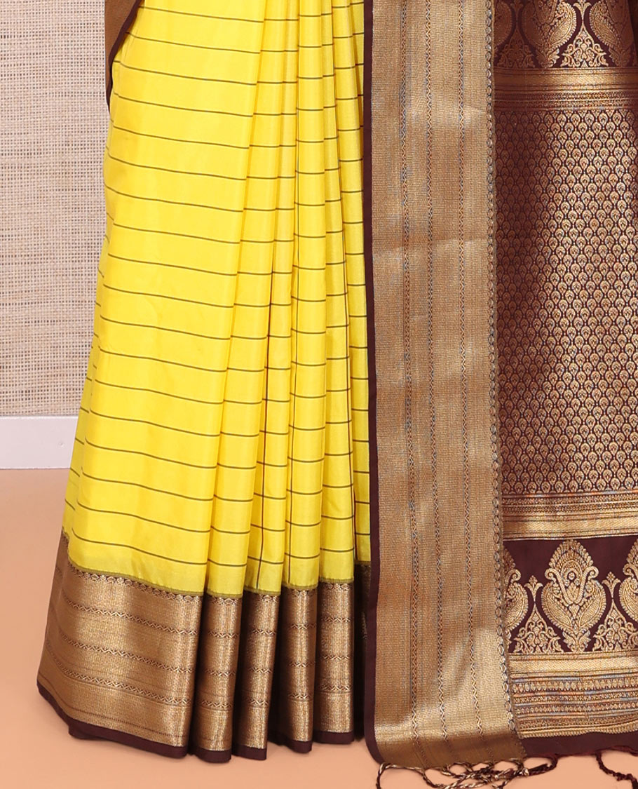 Lemon Yellow Checks Semi-Soft Silk Saree