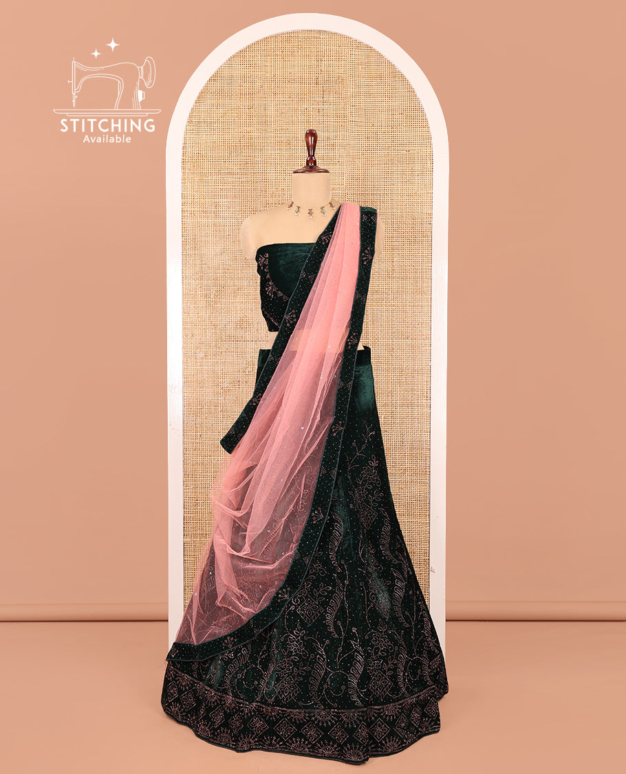 Green Velvet Half-Saree Features Swarovski Stonework Skirt, Matching Stonework Blouse, Contrast Net Dhavani