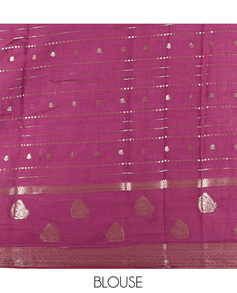 Wine Assam Silk Saree, Enriched with Zari Designs, a Traditional Zari Border, Striped Pallu, and a Matching Blouse