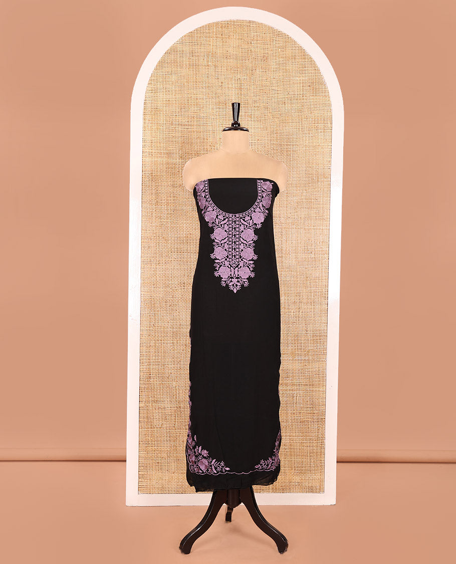 Black and Lavender Material Chudidhar Set, Elevated with Floral Thread Embroidered Fox Georgette Top, Plain Santoon Bottom, and Fox Georgette Scallop Dupatta with Floral Thread Embroidery