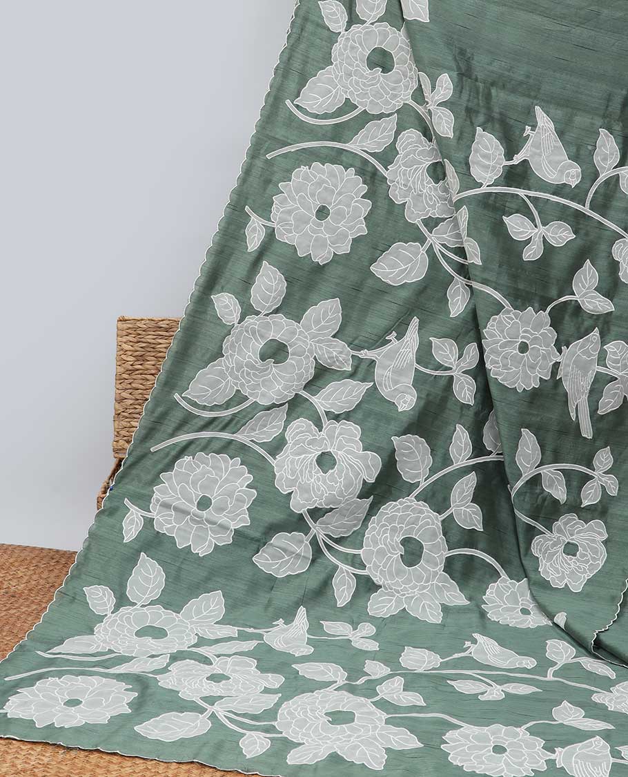 Green floral motifs embroidery semi- banaras tussar saree with self floral embroidery border