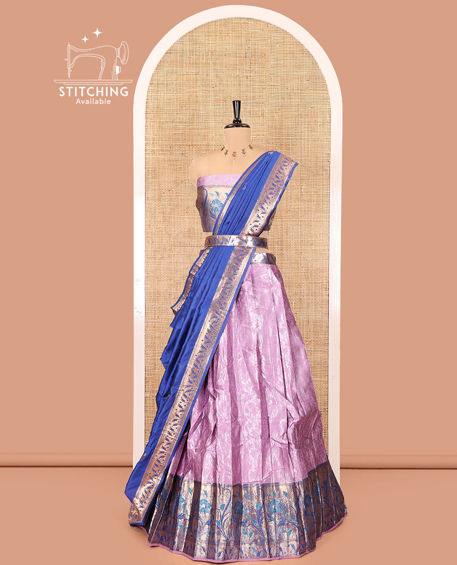 Lavender and Blue Half-Saree Set, Subtly Sparkled with Floral Vine Design on Its Banarasi Skirt, Complemented by Contrast Meenakari Floral Design with Embroidered Border, Matching Blouse, and Paired with a Banaras Dupatta