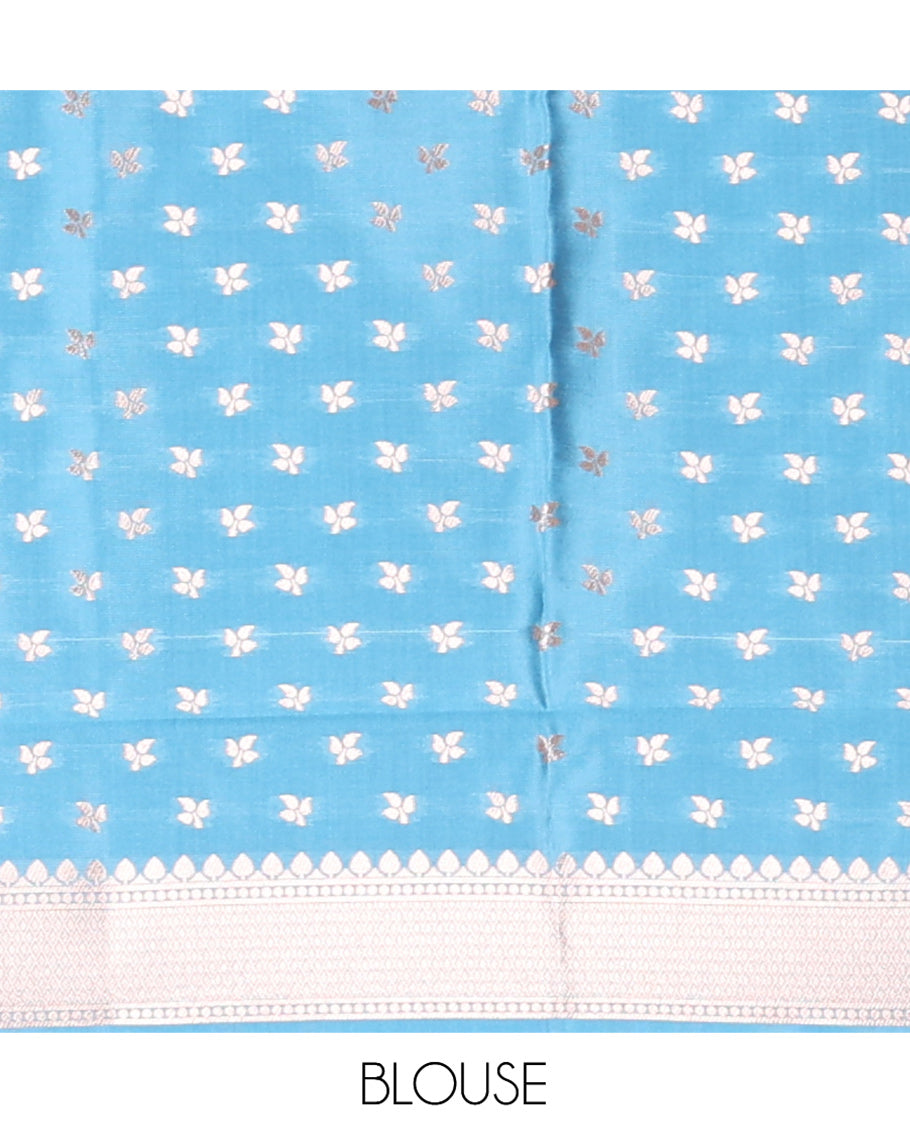 Borderless Blue Elite Soft Silk Saree, Detailed with Leaf Motifs, a Self-Pallu of Floral Designs, and a Matching Blouse