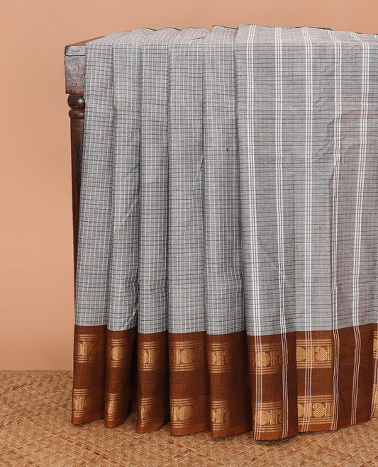 Grey micro-checked Chettinad cotton saree, contrast ganga jamuna traditional zari rettai pettu border, and striped pallu