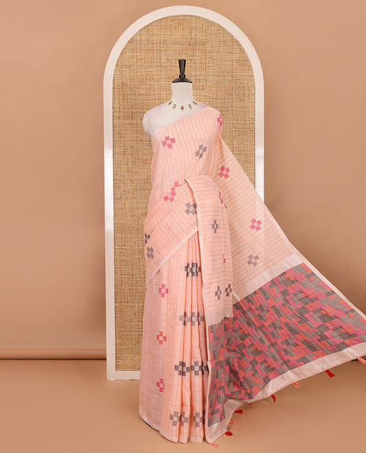 Light Orange vertical striped & geometric buttas Jute linen saree, Sliver zari border, geometric patterned pallu & vertical striped blouse