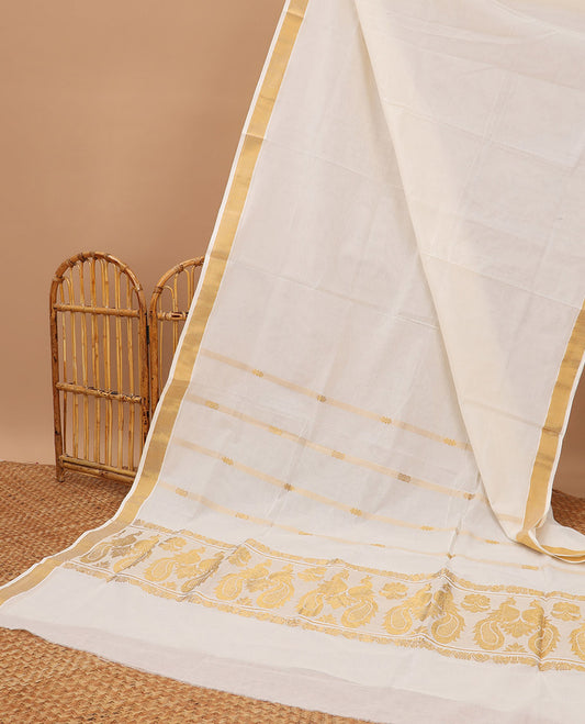 Cream kerala saree with zari stripes, zari border & pallu of peacocks