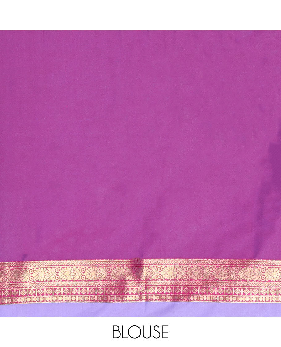 Borderless Blue Semi-Soft Silk Saree, Ornamented with Kolam Zari Buttas All Over Its Body, Complemented by a Contrast Grandly Woven Pallu of Jaal Designs, and Paired with a Contrast Blouse
