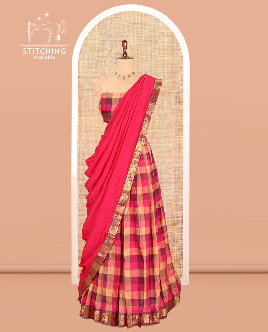 Multi-Color Checked Chettinad Cotton Half-Saree Adorned with a Zari Border, Matching Blouse, Contrast Dhavani