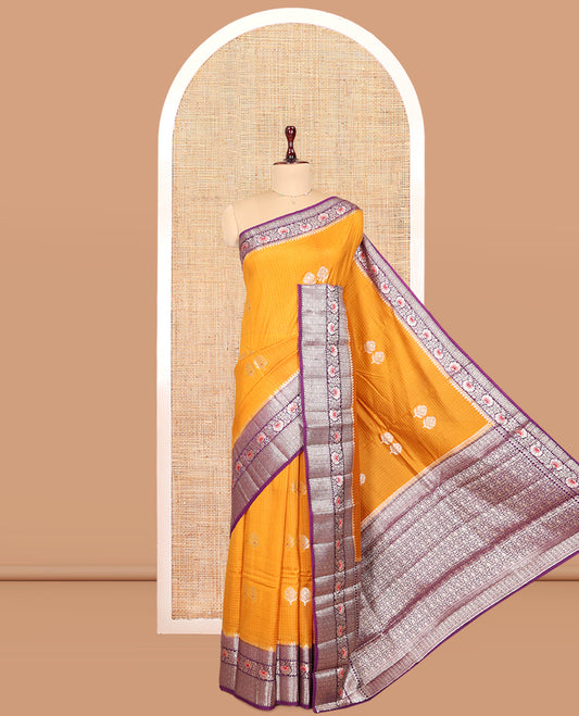 Pale Yellow Raw mango Silk Saree, Subtly Sparkled with Checks and Floral Buttas, a Contrast Floral Creeper Border, Intricate Pallu, and a Contrast Blouse