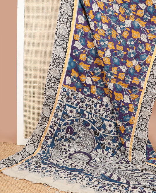 Violet floral design machine printed kalamkari cotton saree with contrast zari design border & floral, peacock design pallu
