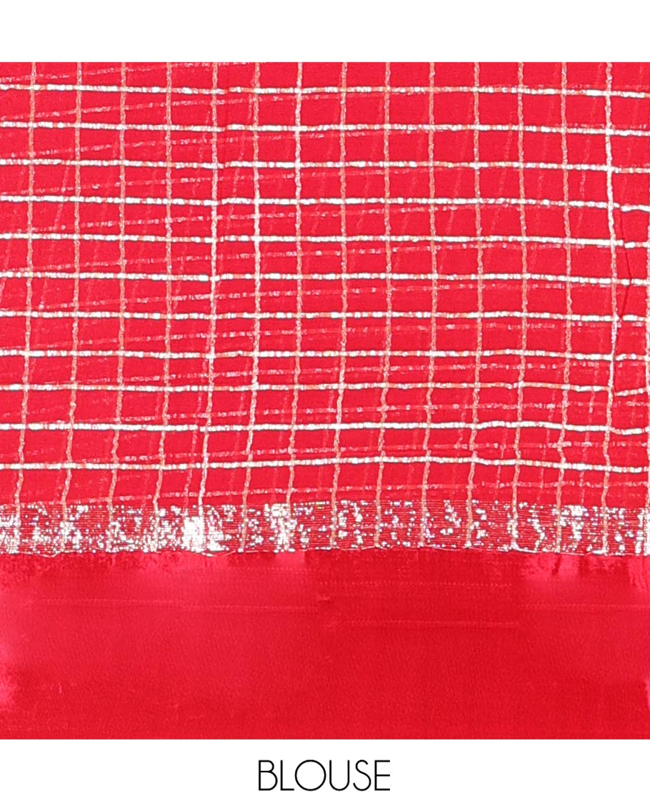 Rani Viscose Georgette Saree Gleamed with Golden Zari Checks All Over Its Body, Adorned with a Satin Plain Border, a Self Pallu Featuring the Same Checks, and Paired with a Running Blouse