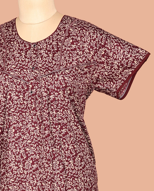 Brown Round Neck Cotton-Blended Nighty