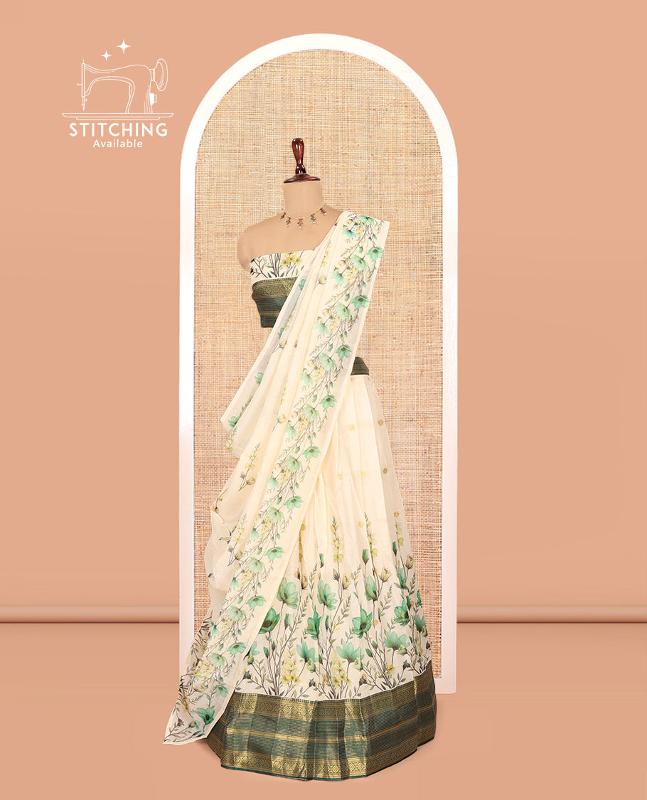 Cream-Bottle Green Semi-Silk Half-Saree Features Floral-Printed Skirt, a Contrast Traditional Border, a Matching Blouse, a Floral Dhavani