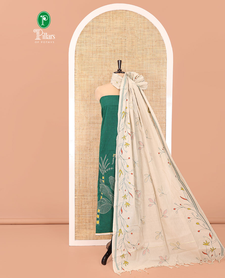 Green Handloom Cotton Material Chudidar Set, Elevated with Floral Design Print On Its Top, Complemented by Contrast Bottom, and Paired with a Contrast Floral Printed Dupatta
