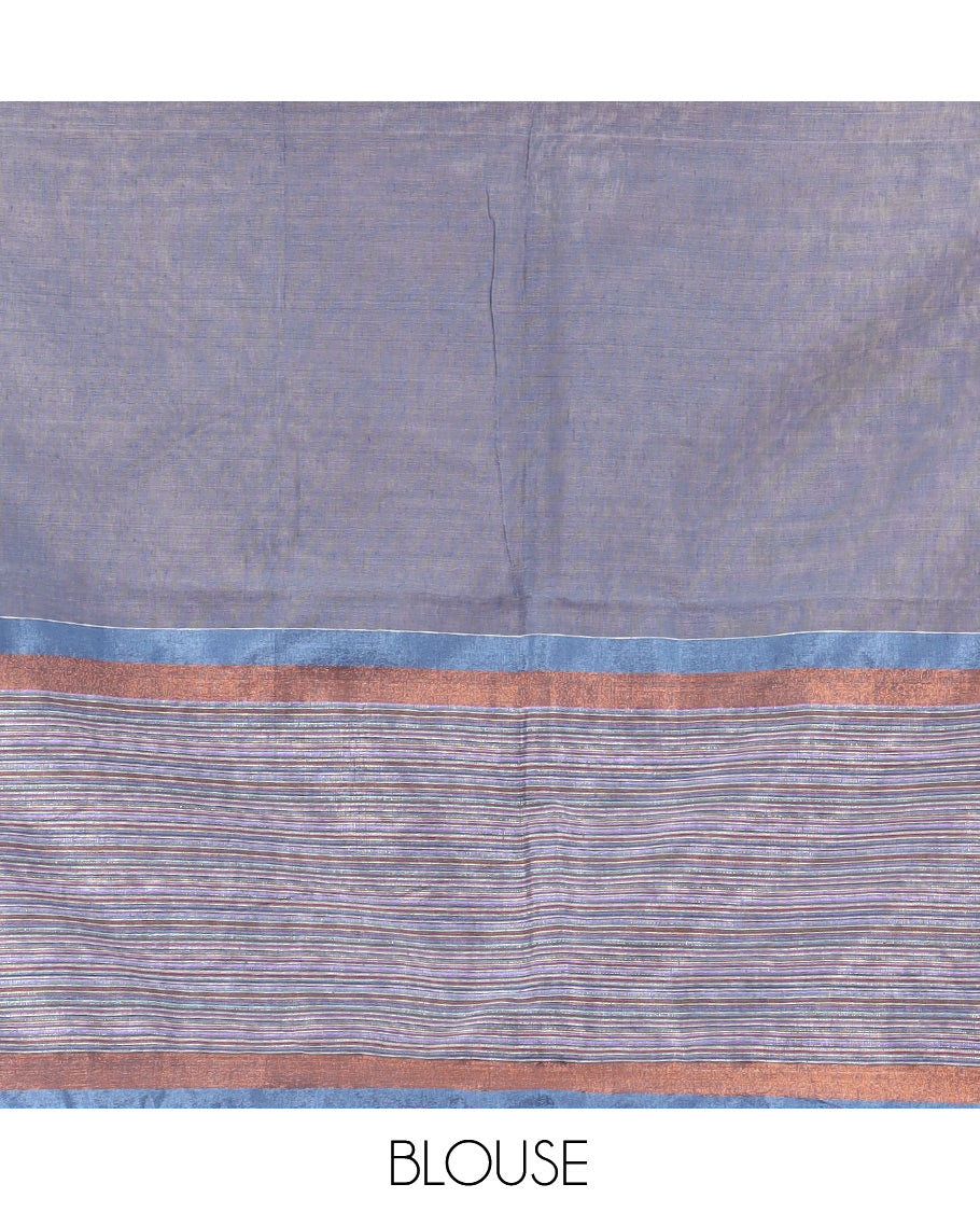 Orange Plain Khadi Cotton Saree, Contrast Satin Striped Border, Striped Pallu, and a Contrast Blouse