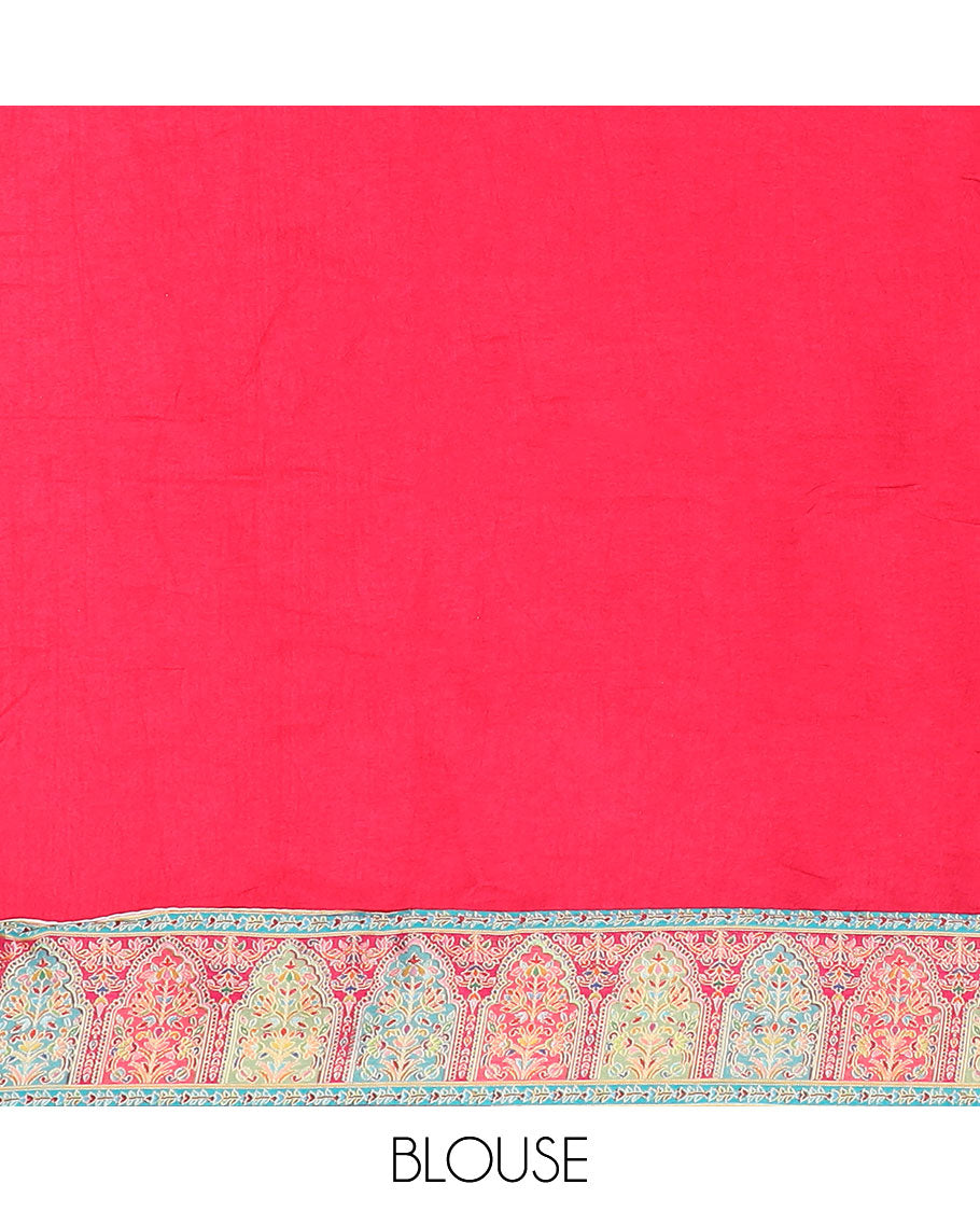 Kaleidoscope-colour Mughal stories printed Dola satin silk saree depicting motifs of floral, Mughal-arch, peacock & ancient humans, highlighted with zari