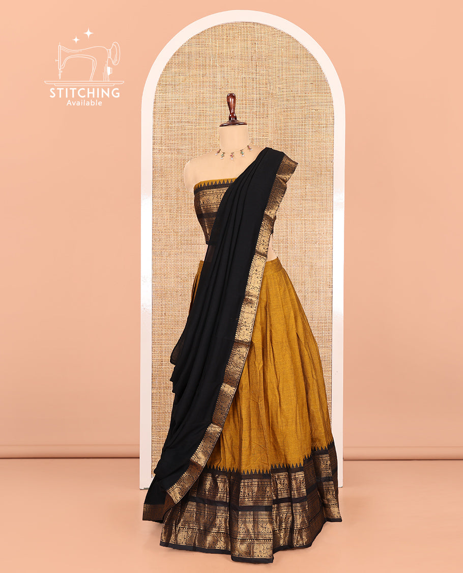 Mustard-Black Chettinad Cotton Half-Saree, Plain Contrast Traditional Temple Zari-Bordered Skirt, Matching Blouse, and a Contrast Dhavani