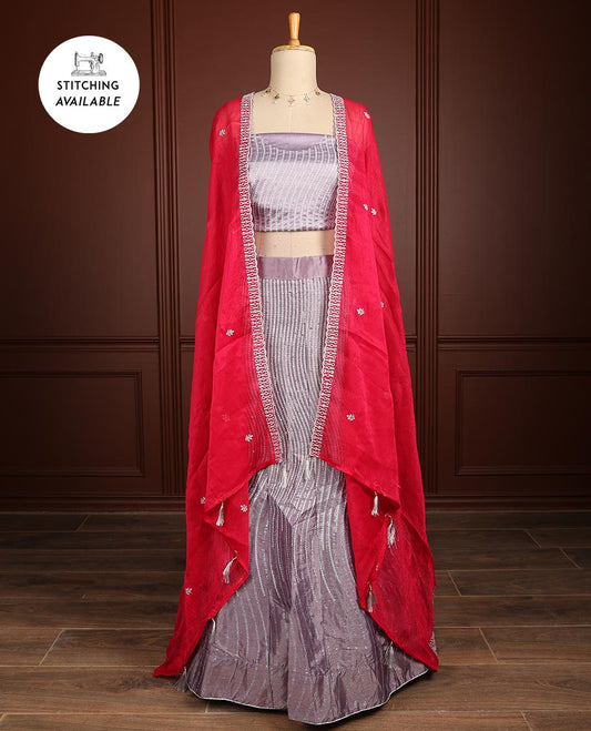 Grey thread embroidery half saree with self border, thread embroidery blouse & floral embroidery scallop border dhavani