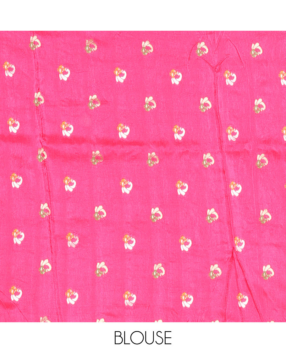 Dark Violet Russian Silk Saree Adorned with Gold Zari Buttas and Deer Motifs, Featuring a Subtly Sparkling Traditional Zari Border, a Pallu with Zari Stripes, and a Contrast Blouse Woven with Peacock Meena Buttas