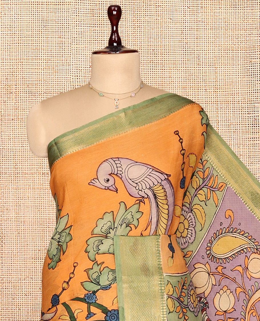 Orange Kalamkari Silk Saree, Lightly Embellished with Floral and Human Figurines, a Contrast Traditional Border, Pallu of Musical Instruments, and a Contrast Blouse
