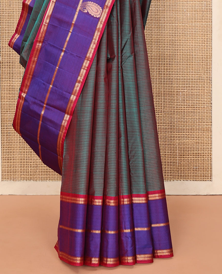 Blue Kanchipuram Silk Saree, Accentuated with Zari Buttas and Vazhaipoo Stripes on Its Body, Complemented by a Contrast Border of Muthu, Kathir, and Arumbu Manga Designs, Pallu of Zari Designs, and Paired with a Contrast Blouse