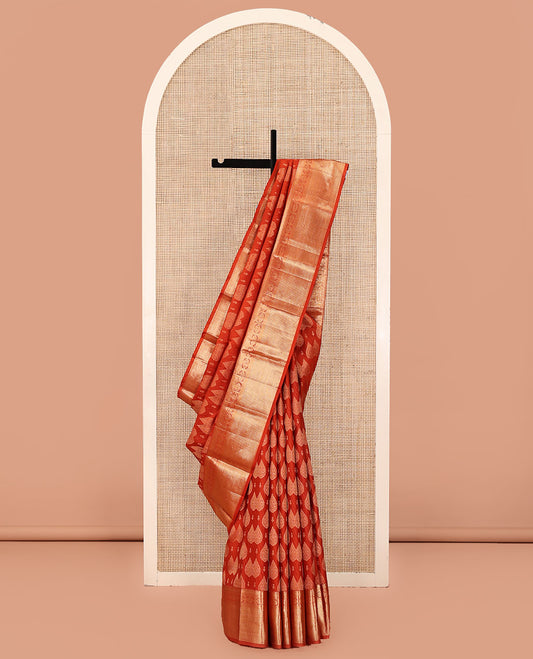 Rust Kanchipuram Wedding Silk Saree, Steeped with Zari Buttas All Over Its Body, Highlighted by Zari Border of Chakram and Vanki Designs, Grand Jaal Pallu and Paired with a Matching Blouse