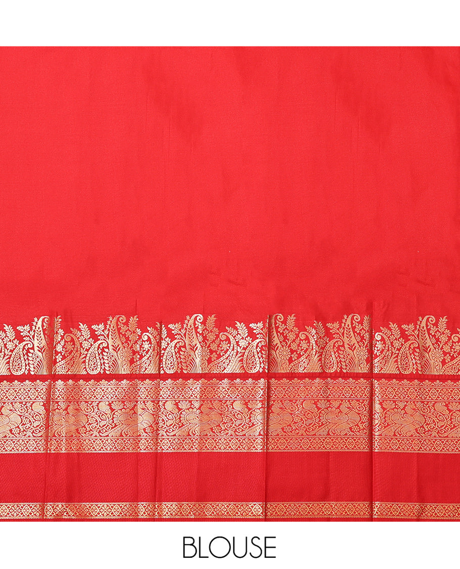 Paan-Chilli Red Zari Buttas Budget Silk Saree, a Contrast Traditional Rettai Pettu Border, Grand Pallu, a Contrast Blouse