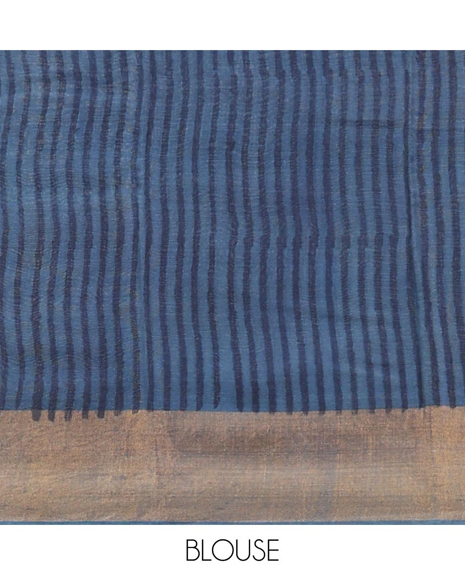 Cream geometric design linen cotton saree with contrast border & striped pallu