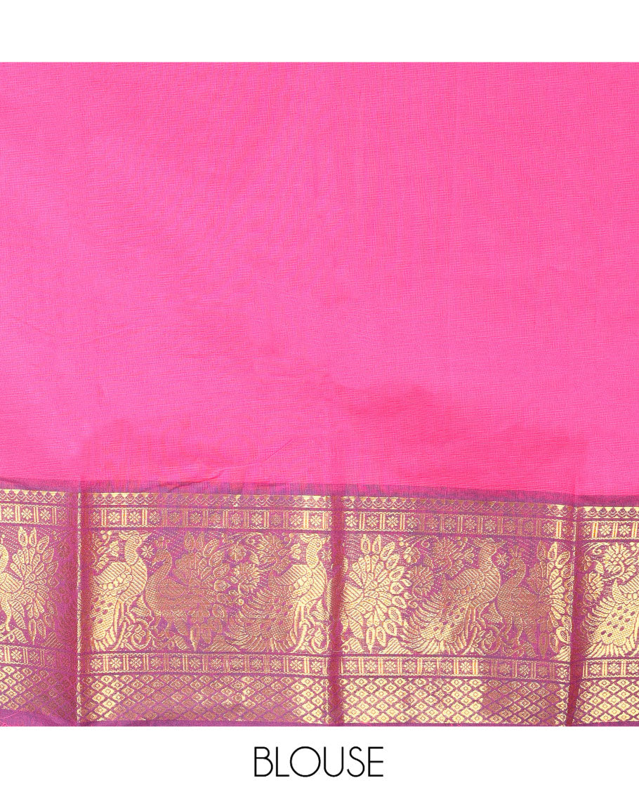 Pink Plain Chettinad Cotton Saree, Complemented by Contrast Traditional Zari Border of Peacock Designs, Pallu of Stripes, and Paired with a Matching Blouse