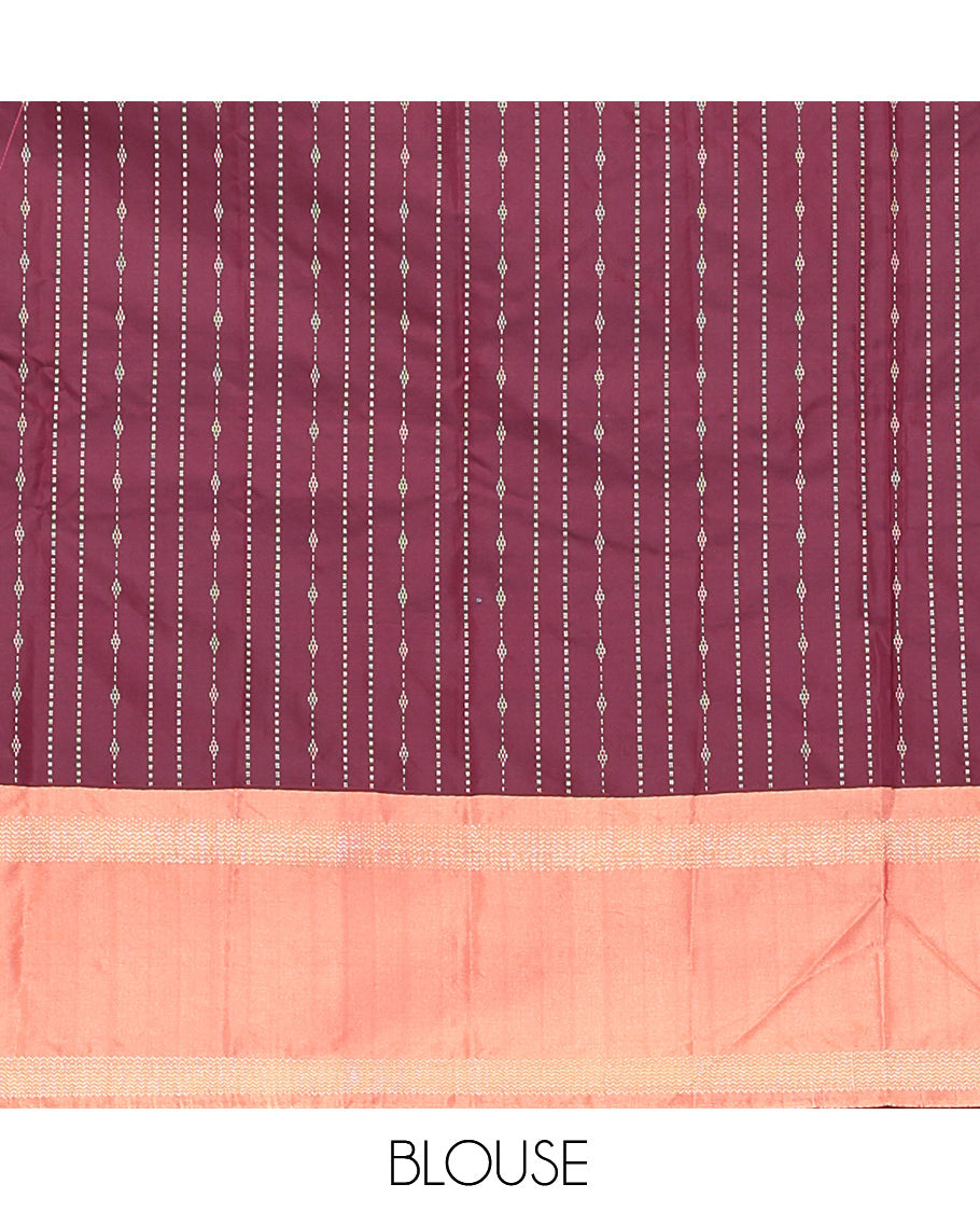 Wine Zari Striped Arani Saree, a Contrast Rettai Pettu Traditional Border, Pallu of Zari Stripes, and a Matching Blouse