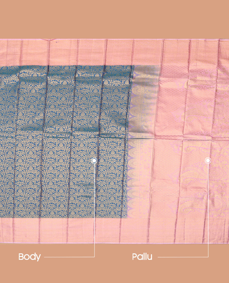 Blue Budget Silk Saree, Elevated with Jacquard Design, Complemented by Contrast Traditional Zari Border, a Grand Pallu and a Contrast Blouse