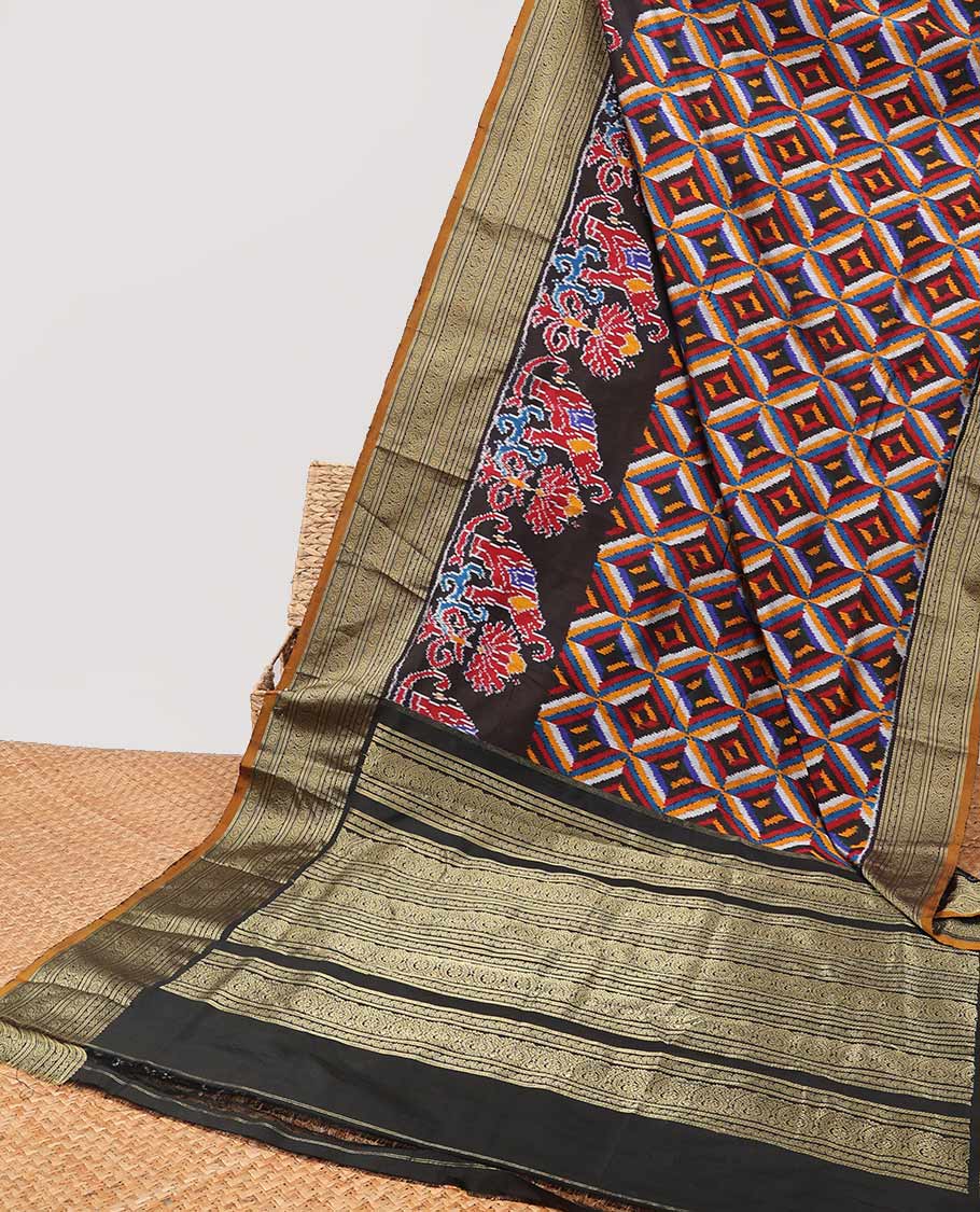 Black geometric, floral & animal design ikkat saree with contrast zari design border & traditional zari design pallu