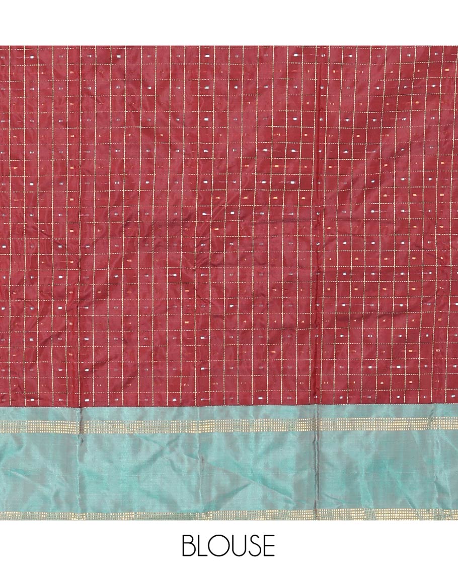Maroon Aarani Silk Saree, Enriched with Butta Enclosed Checked Design on Its Body, Complemented by a Contrast Zari Striped Border, Pallu of Butta Enclosed Checks, and Paired with a Matching Blouse