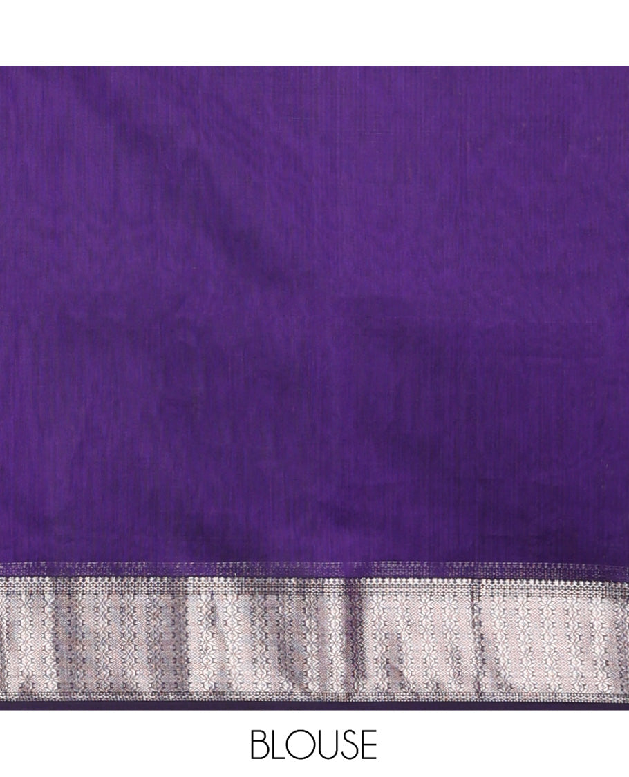 Violet Maheshwari Cotton Saree, Accentuated with Meena Flower Zari Buttas All Over Its Body, Highlighted by Zari Traditional Border, Gleaming Zari Striped Pallu and Paired with a Matching Blouse