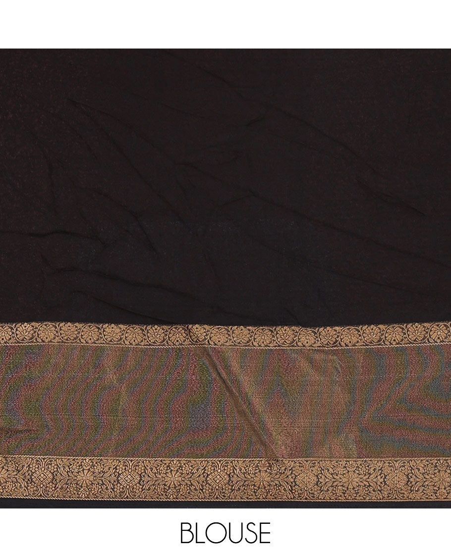 Red embossed moss chiffon saree, contrast zari and colorfully printed border and pallu of human figurines and Pichwai cows, and embossed blouse